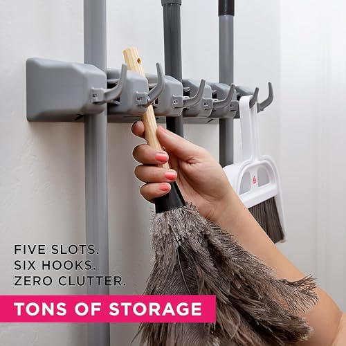 Dargoba 2 Pack Mounted, Broom Stick Mounted Stand, Storage Broomstick Brush Mount Organizer with Hanger Hooks (5 Slot 6 Hooks)- Grey - Image 2
