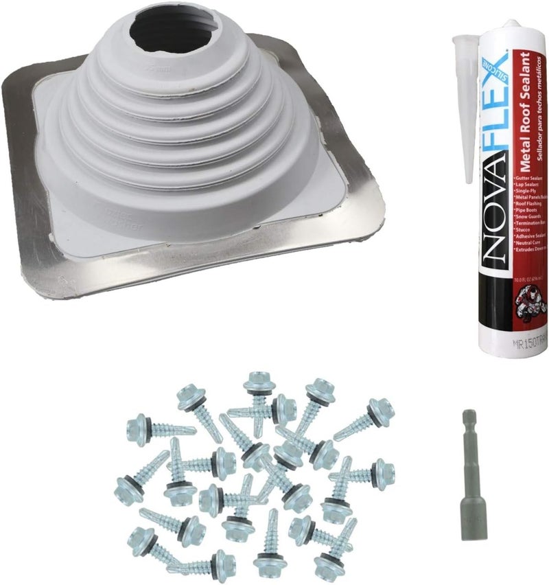 Fasteners Plus Store #4 Square EPDM Metal Roof Pipe Flashing Boot Kit - Fits 2-3/4" - 7" Pipe OD - Includes Flashing, NovaFlex Sealant & Roofing Stitch Screws - Gray (Made in USA) - Image 1