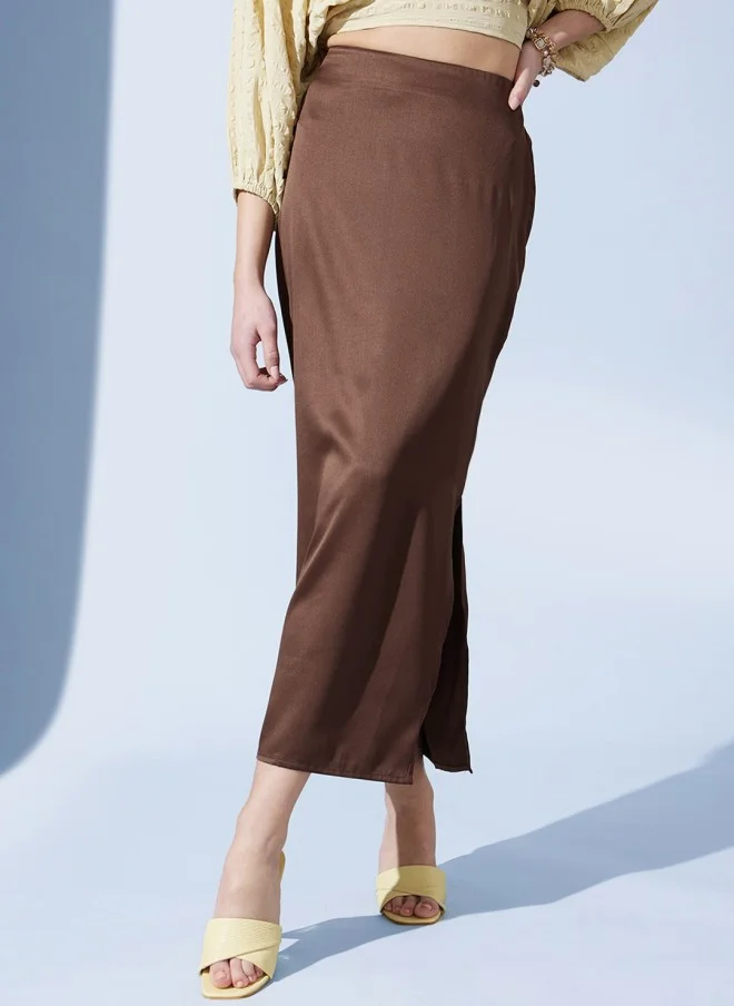 STREET 9 Brown Satin Pencil Midi Skirt for Women