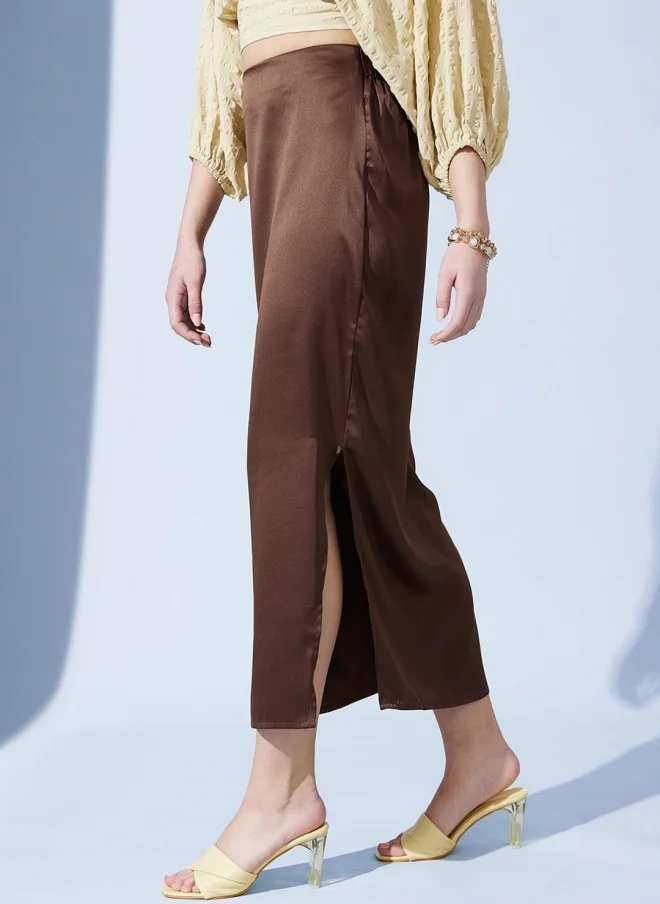 STREET 9 Brown Satin Pencil Midi Skirt for Women