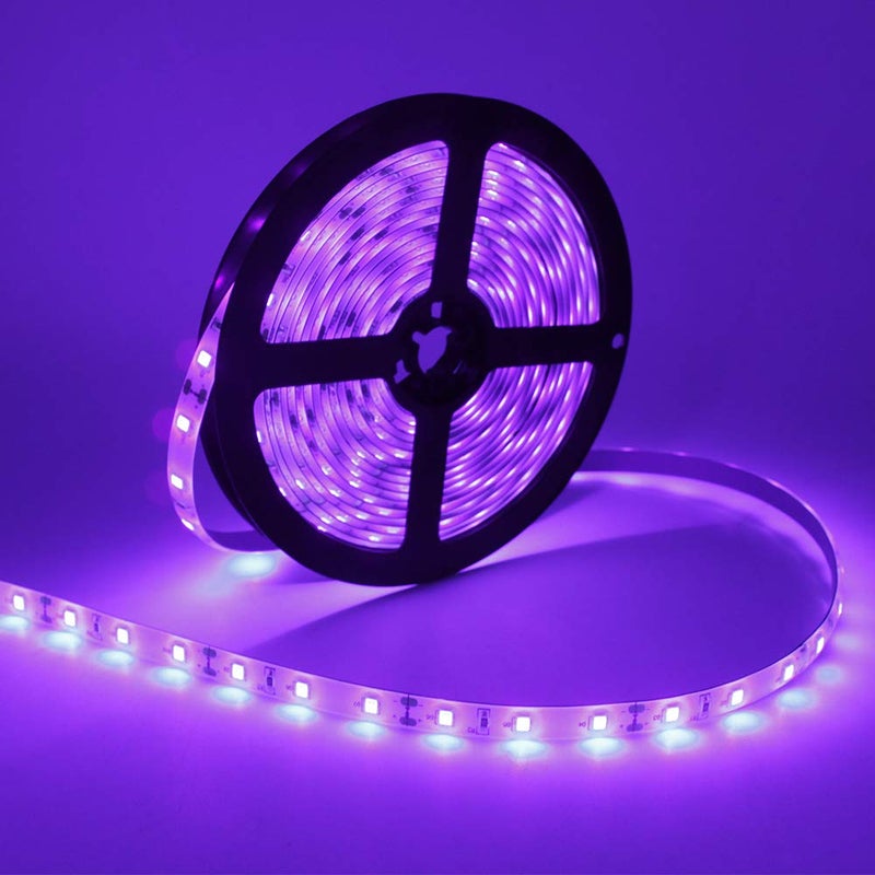 LightingWill LED UV Black Light Strip Kit, Ultraviolet Waterproof IP65 16.4FT/5M 3528 300LEDs, 395nm-405nm Blacklight for DJ Bar Club Party Decor Night Fishing with 12V Power Supply - Image 1