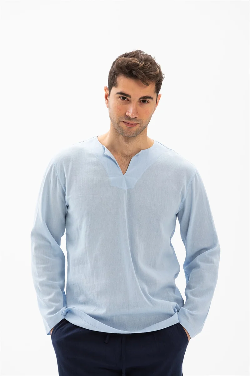 Eliş Şile Bezi Uzun Kol Şile Bezi Bisiklet Yaka Erkek Tshirt Buz Mavi 3027