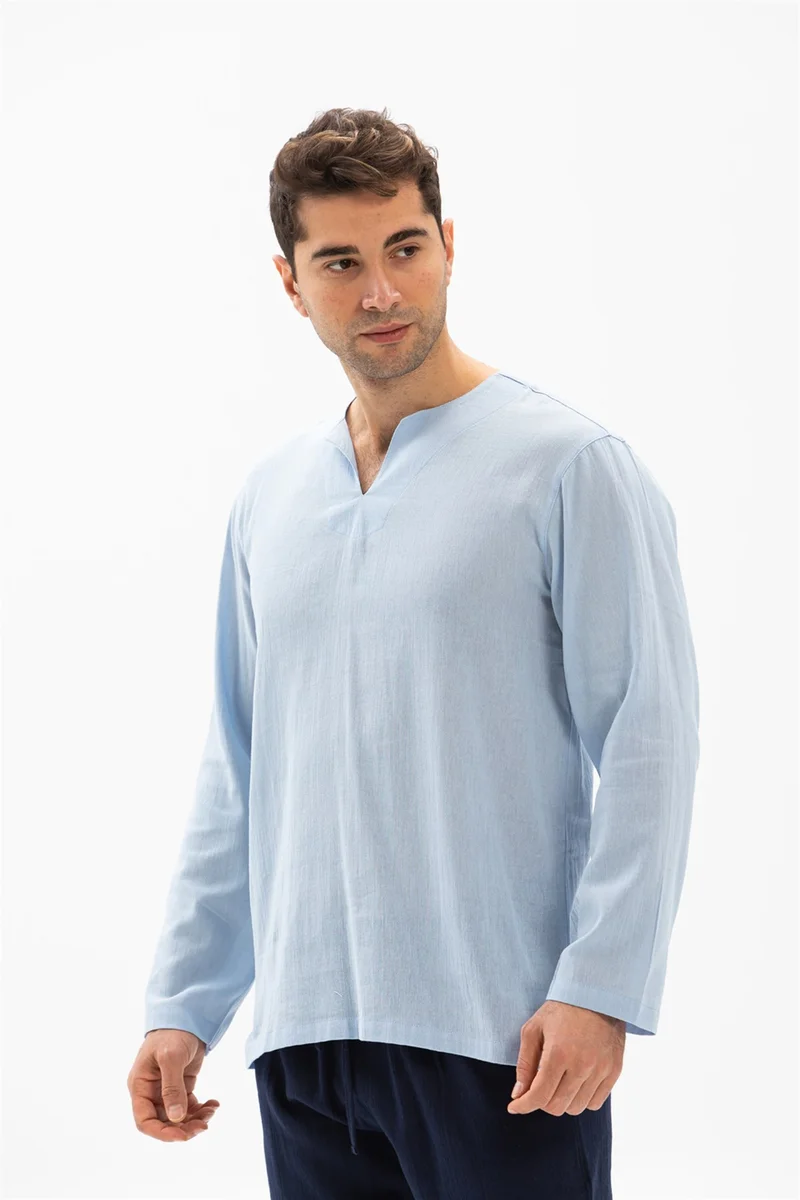 Eliş Şile Bezi Uzun Kol Şile Bezi Bisiklet Yaka Erkek Tshirt Buz Mavi 3027