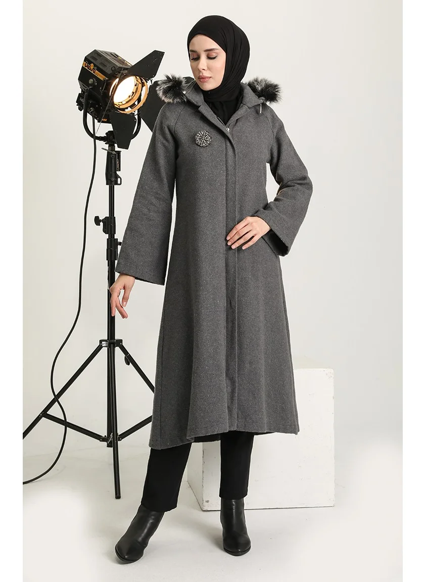 Sefa Merve Brooch Cashmere Coat 611571-02 Gray