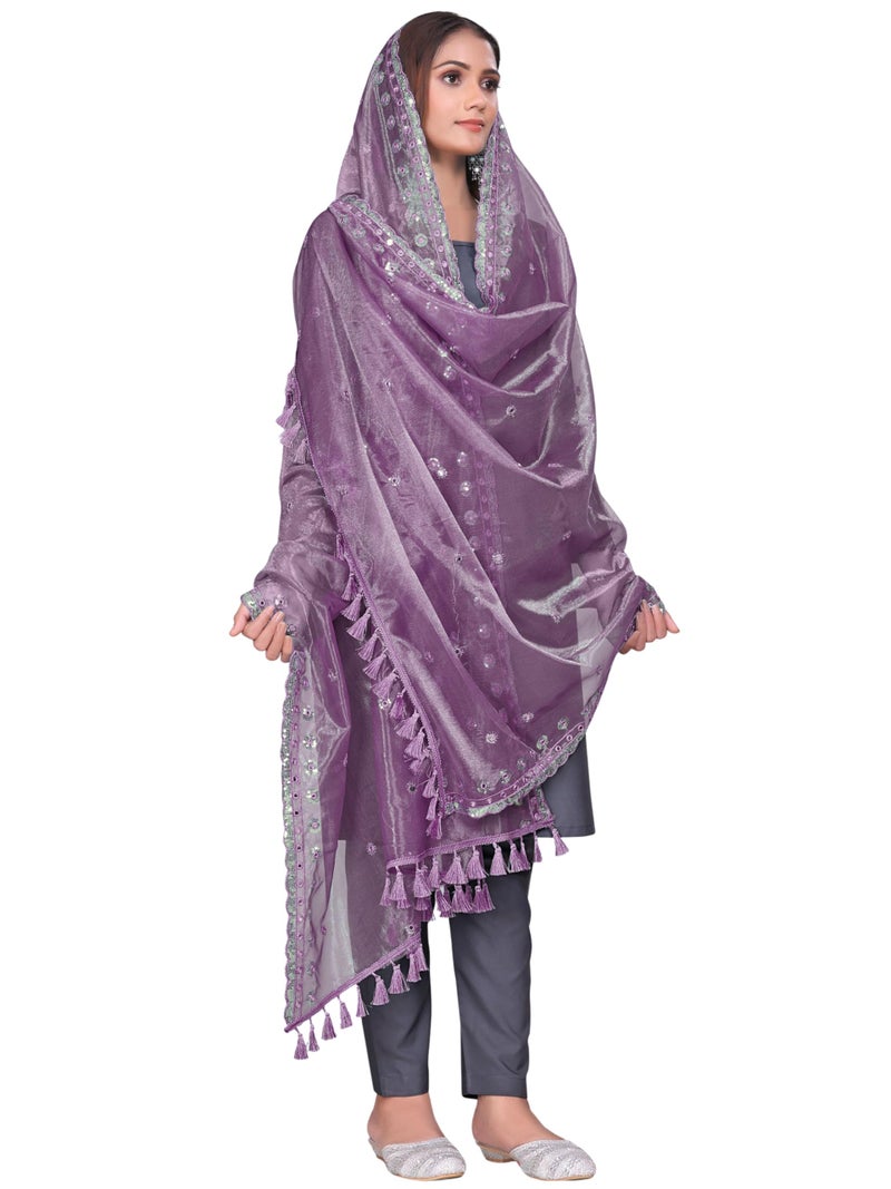 KEMZA Organza Embroidered Dupatta with Mirror & Sequence Work, Tassel Lace Border, Floral Butti Design (Onion, Free Size) - Image 1