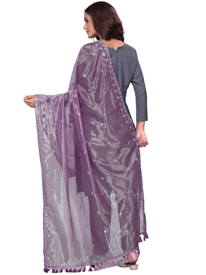 KEMZA Organza Embroidered Dupatta with Mirror & Sequence Work, Tassel Lace Border, Floral Butti Design (Onion, Free Size) - Image 4