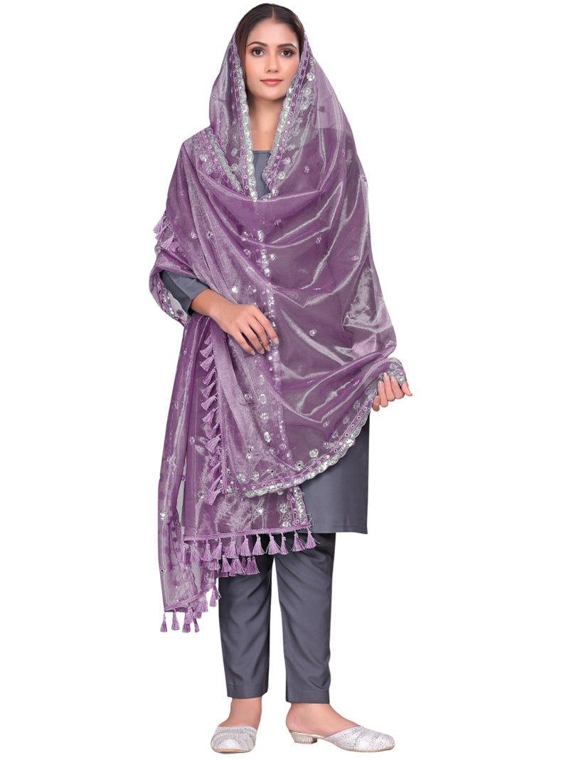 KEMZA Organza Embroidered Dupatta with Mirror & Sequence Work, Tassel Lace Border, Floral Butti Design (Onion, Free Size) - Image 3