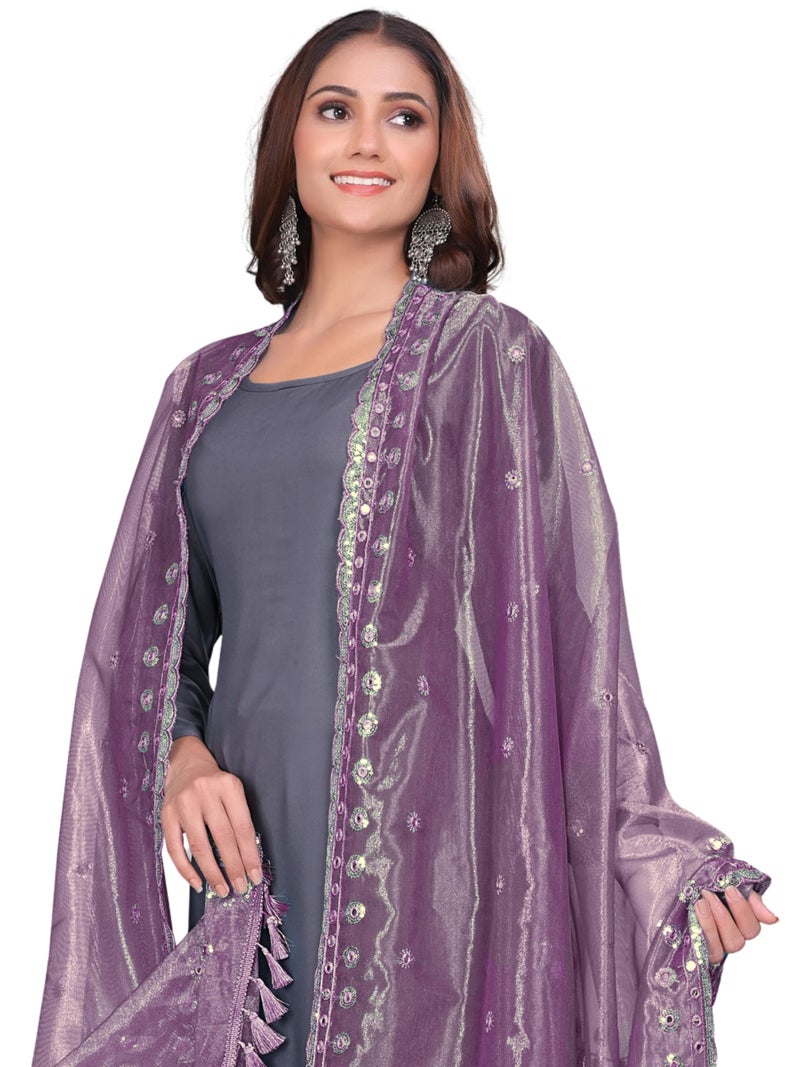 KEMZA Organza Embroidered Dupatta with Mirror & Sequence Work, Tassel Lace Border, Floral Butti Design (Onion, Free Size) - Image 2