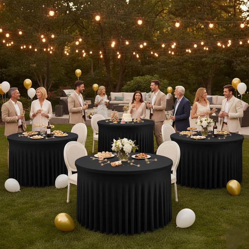 HolidayIdeas 6 Pack Spandex Table Skirt for 60 Inch Round Tables, Black Fitted Stretch Tablecloth for 5 Ft Circular Tables, Wrinkle Resistant Ruffle Design for Wedding Banquets, Parties - Image 2