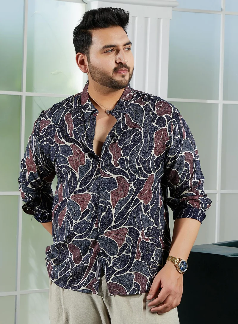 Instafab Plus Instafab Plus Men's Black & Blue Speckled-Foliage Regular Shirt For Casual Wear | Spread Collar | Long Cuffed Sleeves | Button Closure | Plus Size Shirt Crafted With Comfort Fit For Everyday Wear