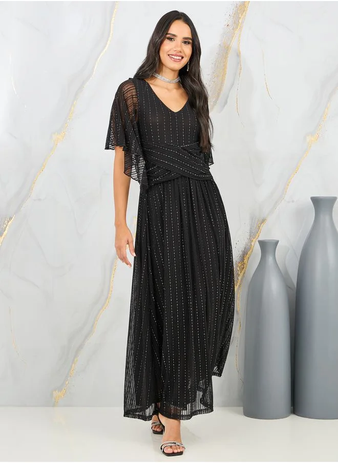 ستايلي Embroidered Mesh Sleeves A-Line Maxi Dress