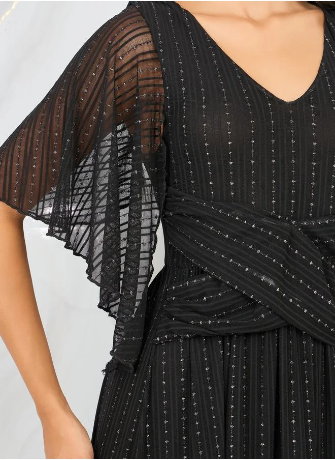 ستايلي Embroidered Mesh Sleeves A-Line Maxi Dress