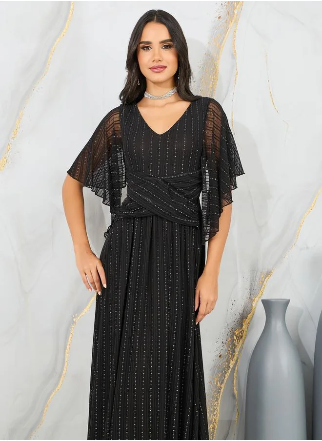 ستايلي Embroidered Mesh Sleeves A-Line Maxi Dress