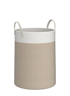 Excefore Cotton Rope Woven Laundry Basket, 38 x 50cm Woven Clothes Basket 58L, Cotton Rope Blanket Storage Basket, Collapsible Nursery Hamper Basket with Handle for Decoration or Storage, White and Brown  - Image 4