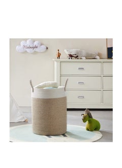 Excefore Cotton Rope Woven Laundry Basket, 38 x 50cm Woven Clothes Basket 58L, Cotton Rope Blanket Storage Basket, Collapsible Nursery Hamper Basket with Handle for Decoration or Storage, White and Brown  - Image 3