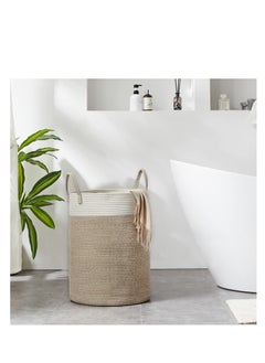 Excefore Cotton Rope Woven Laundry Basket, 38 x 50cm Woven Clothes Basket 58L, Cotton Rope Blanket Storage Basket, Collapsible Nursery Hamper Basket with Handle for Decoration or Storage, White and Brown  - Image 2