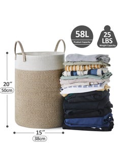 Excefore Cotton Rope Woven Laundry Basket, 38 x 50cm Woven Clothes Basket 58L, Cotton Rope Blanket Storage Basket, Collapsible Nursery Hamper Basket with Handle for Decoration or Storage, White and Brown  - Image 5