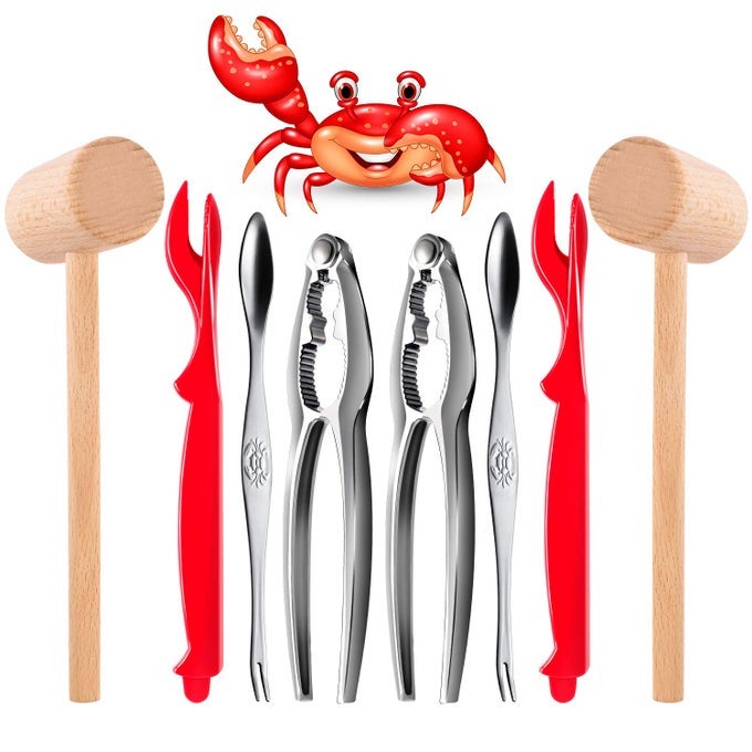CRAB CRACKERS AND TOOLS CRAB LEG CRACKERS AND TOOLS INCLUDING 2 LOBSTER CRAB CRACKERS 2 LOBSTER SHELL FORKS 2 SEAFOOD FORKS 2 LOBSTER CRAB MALLETS