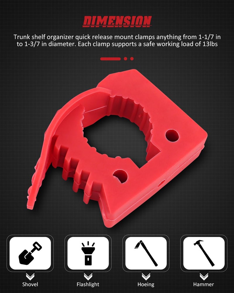 Dimension Overlanding Shovel Holder Quick-Release Clamp Mount for 1-1/7'' to 1-3/7'' Diameter Tools and Equipment for Home, Off-road vehicle, UTV, ATV, Van, Trucks, Boat & Train 4 Pack Red - Image 2