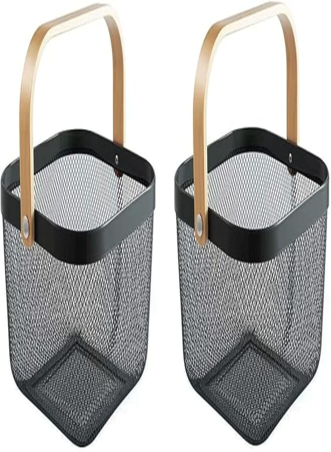 AJIODA 2 Pack Metal Mesh Steel, Storage Organizer Multi-function Hanging Kitchen s Fruit Bin with Wood Handle for Kitchen Bathroom Picnic Cabinet Home Decor, Black