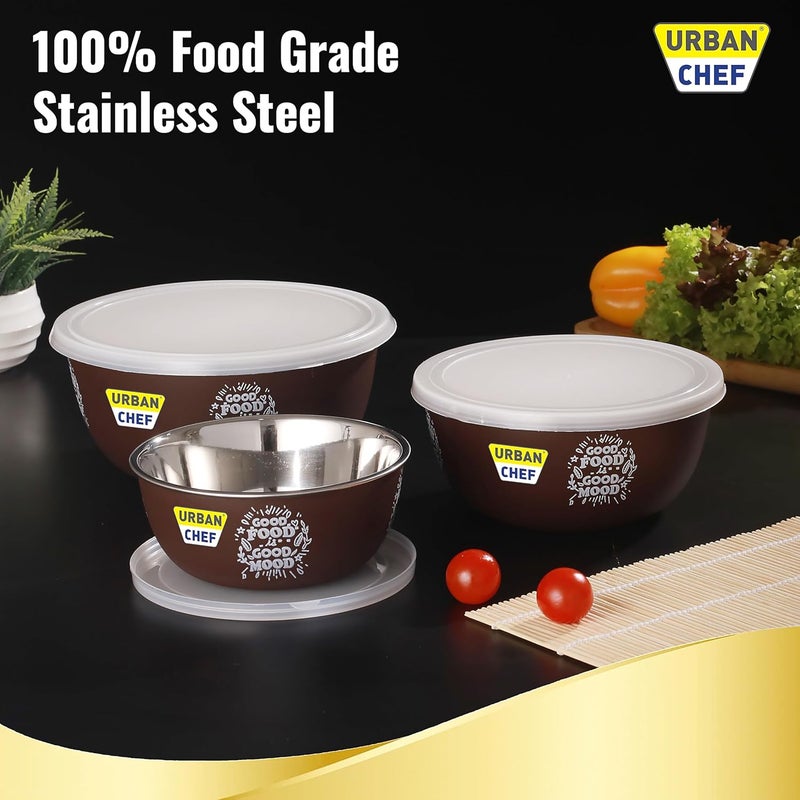 URBAN CHEF طقم أوعية خلط من مكون من 3 قطع من الفولاذ المقاوم للصدأ (500 مل، 800 مل، 1250 مل) | آمن للاستخدام في الميكروويف وغسالة الأطباق | طقم أوعية بغطاء مناسب كهدية | أوعية للوجبات الخفيفة | أوعية تقديم إكسسوارات المطبخ - بني - Image 4