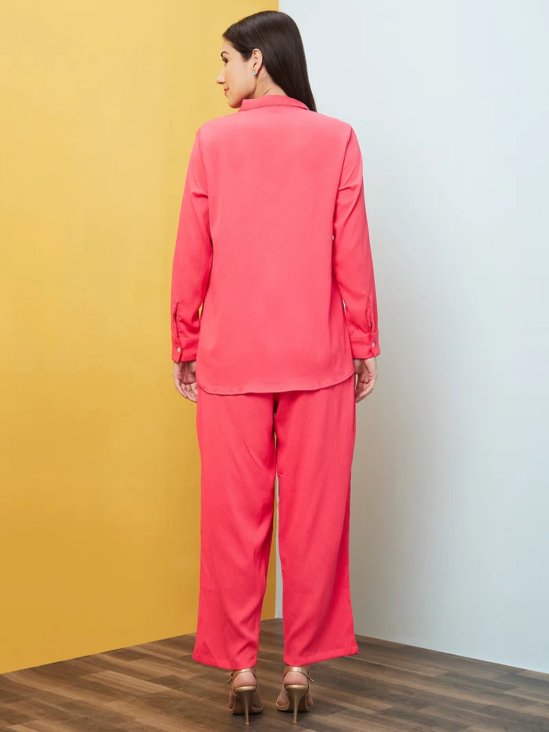 globus Women Pink Shirt Collar Long Sleeves Shirt & Palazzo