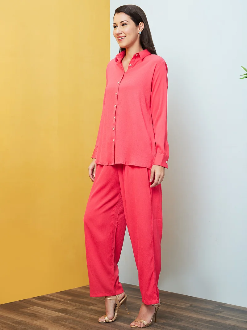 globus Women Pink Shirt Collar Long Sleeves Shirt & Palazzo