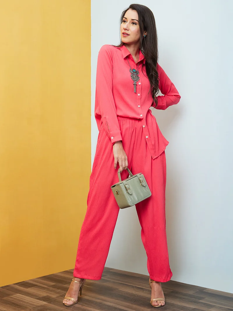 globus Women Pink Shirt Collar Long Sleeves Shirt & Palazzo