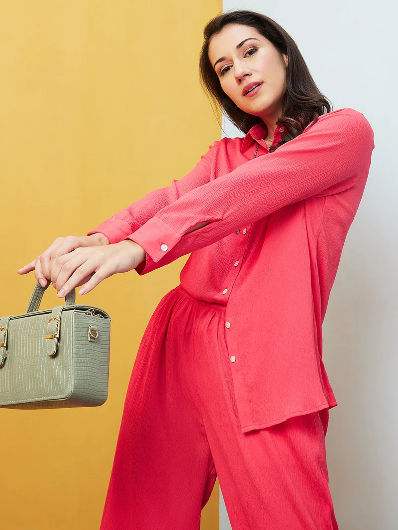 globus Women Pink Shirt Collar Long Sleeves Shirt & Palazzo