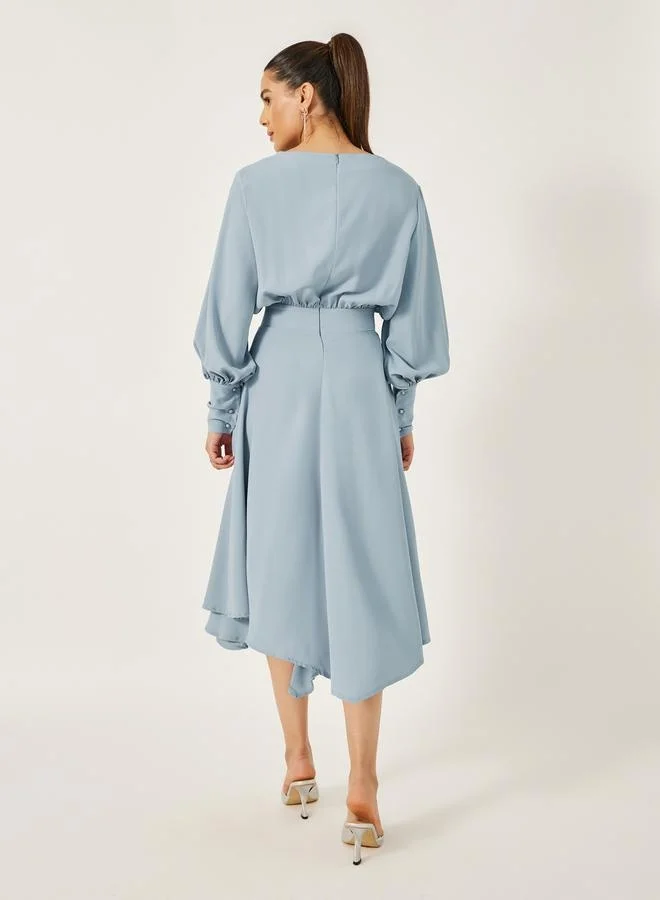 Styli Solid Asymmetric Hem Blouson Midi Dress