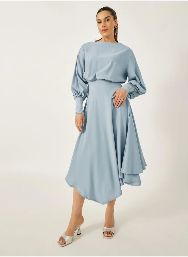 Styli Solid Asymmetric Hem Blouson Midi Dress