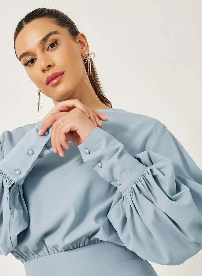 Styli Solid Asymmetric Hem Blouson Midi Dress