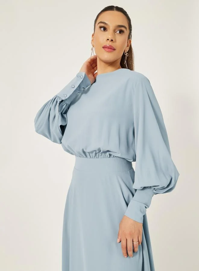 Styli Solid Asymmetric Hem Blouson Midi Dress