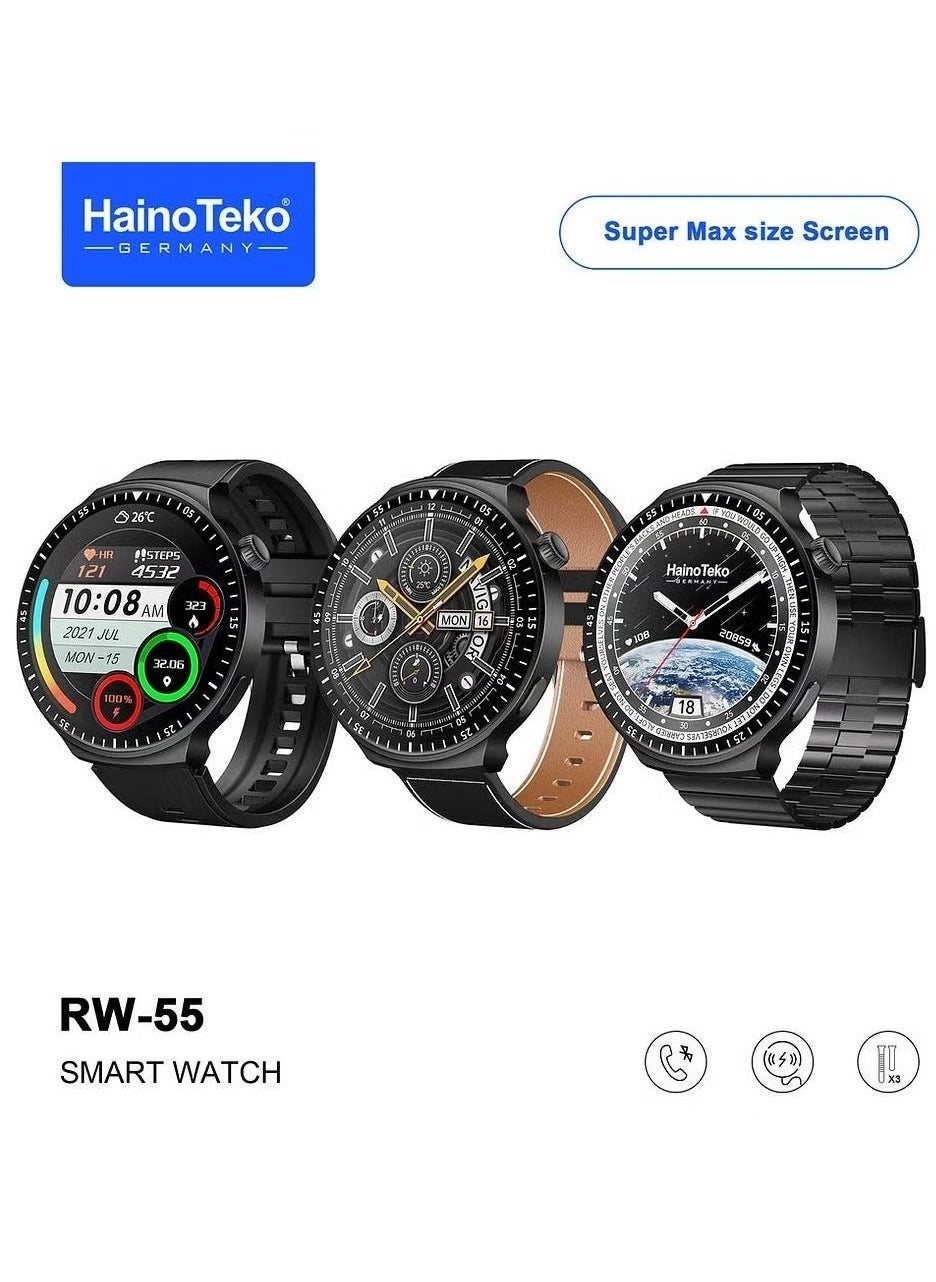 RW 55 Smart Watch with Super Max Curved AMOLED Display, 3 Pairs of Straps, and Charging Cable for Men - Stylish Black Design, Fitness Tracker, Heart Rate Monitor, Waterproof, Long Battery Life, Customizable Features for Daily Wear