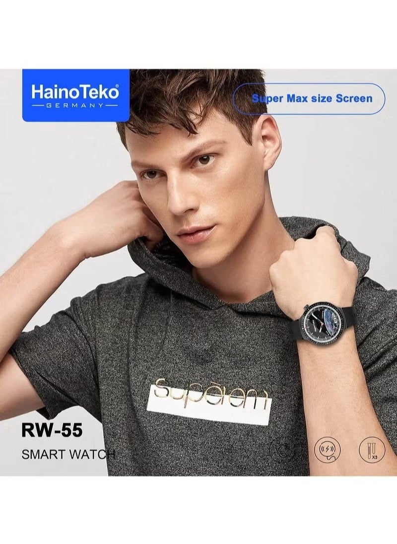 Haino Teko RW 55 Smart Watch with Super Max Curved AMOLED Display, 3 Pairs of Straps, and Charging Cable for Men - Stylish Black Design, Fitness Tracker, Heart Rate Monitor, Waterproof, Long Battery Life, Customizable Features for Daily Wear - Image 3
