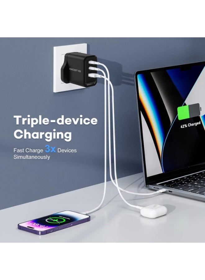 BESTIS 65W PD Fast Charger Wall Adapter with 3 Ports 2 USB-C 1 USB-A GaN Technology Dual Type-C Cable Compatible with iPhone 16 15 Pro MacBook Pro Air for Home Office Travel Charging - Image 2