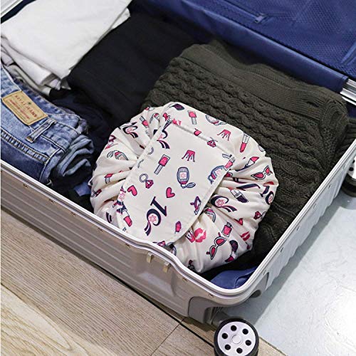Nirvik Women’s Waterproof Travel Cosmetic & Toiletry Bag | Multifunction Portable Makeup Organizer with Drawstrings, Lazy Travel Storage Pouch (White Lip) - Image 3