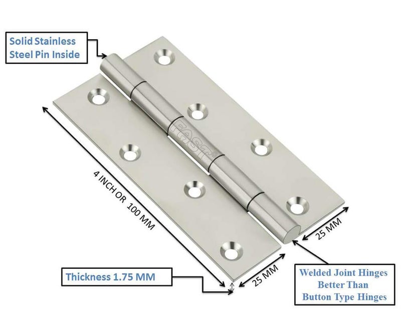 FAST مفصلات أبواب 4 قطع من الفولاذ المقاوم للصدأ 202 الفاخرة 4 بوصة 4x1x1 بوصة 100x25x25 مم ملحومة بمختلف السماكات لأي نوع من الأبواب سماكة 175 مم - Image 3