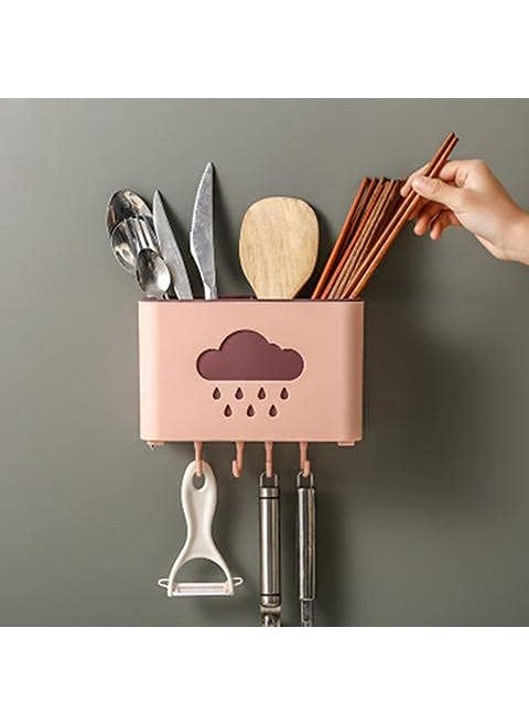 svk dream SVK DREAM Self Adhesive Wall Mounted Cloud Series Plastic Cutlery Holder for Kitchen Wall Hanging 4 Hooks with Towel Holder for Kitchen Wall Mounted Self Adhesive Multicolour Pack of 1  - Image 1