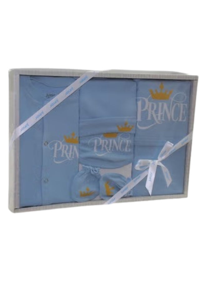 Junior Baby Boys Cotton Gift Clothes Box – 5-Piece Crown Prince Set in Light Blue - Image 1