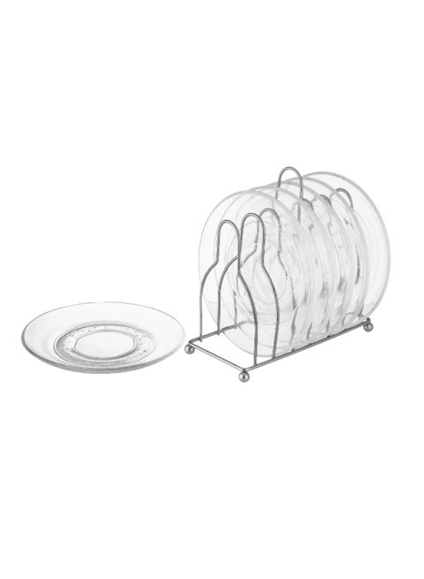 A Set Of 6 Glass Dessert Plates With A Metal Stand The Plate Round Size Is15 Cm Multicolour