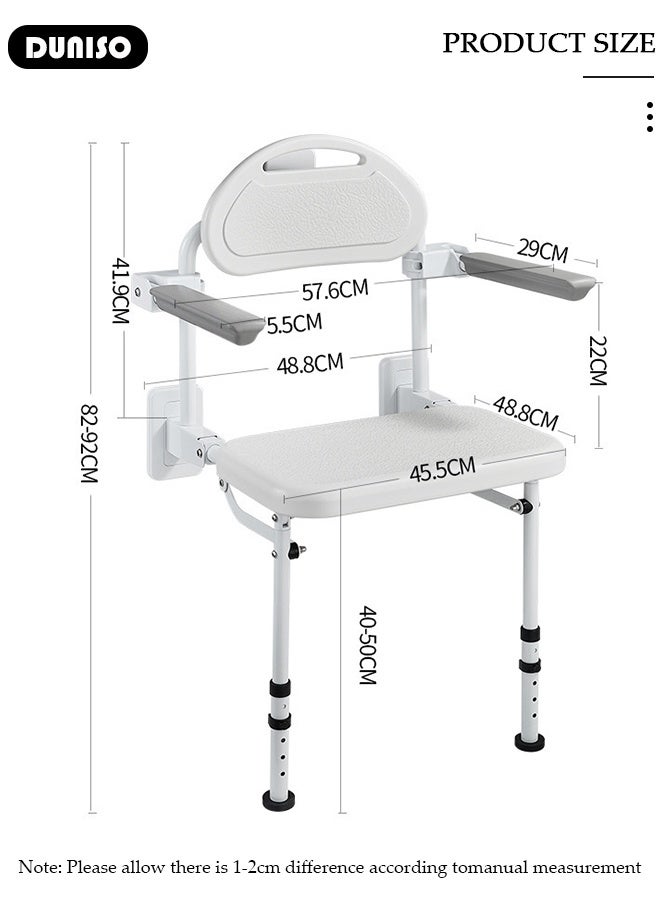DUNISO Folding Bathroom Wall Mounted Shower Chair Height Adjustable Foldable Shower Stool Bath Stools Shower Bench Shower Seat with Legs Backrest Armrests Anti-slip Feet for Elderly Seniors Disabled  - Image 4