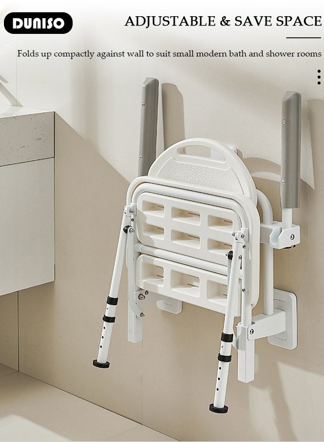 DUNISO Folding Bathroom Wall Mounted Shower Chair Height Adjustable Foldable Shower Stool Bath Stools Shower Bench Shower Seat with Legs Backrest Armrests Anti-slip Feet for Elderly Seniors Disabled  - Image 2