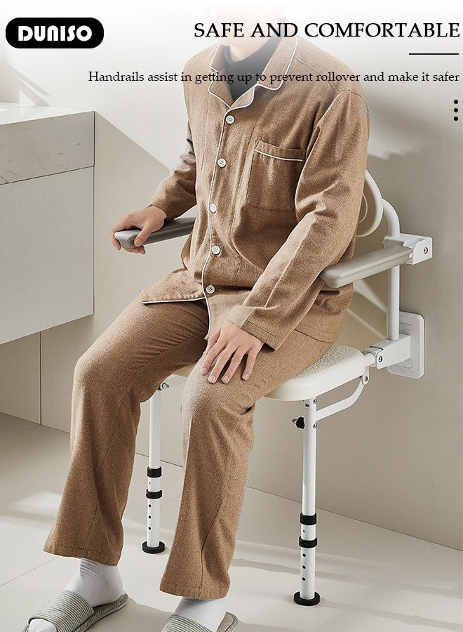 DUNISO Folding Bathroom Wall Mounted Shower Chair Height Adjustable Foldable Shower Stool Bath Stools Shower Bench Shower Seat with Legs Backrest Armrests Anti-slip Feet for Elderly Seniors Disabled  - Image 3