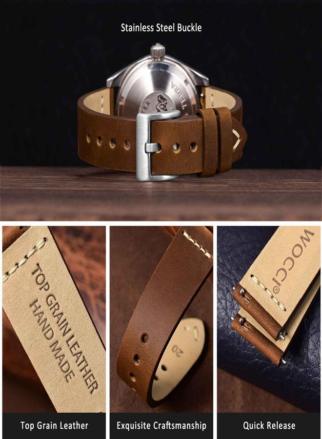 WOCCI 19mm Old-fashioned Watch Band for Men, Top Grain Leather, Silver Brushed Buckle (Caramel Brown) - Image 3