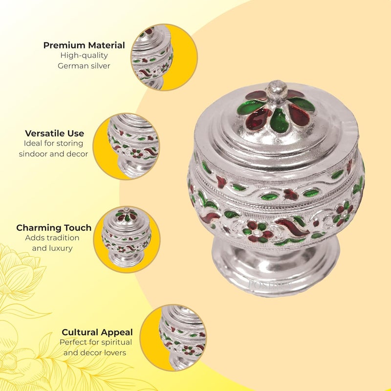 POSHIFY صندوق سِندور دِبّي من الفضة الألمانية الفاخرة لتزيين المنزل الفاخر، أدوات بوجا هندوسية، ملحقات المعبد، هدية زفاف، مستلزمات بوجا، حامل سِندور فاخر - Image 4