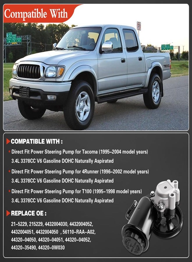DWLDMLWC Power Steering Pump Assembly with Pulley & Reservoir, Compatible with 1995-2004 Toyota Tacoma V6 3.4L,1996-2002 4Runner V6 3.4L,1995-1998 T100 V6 3.4L,Replaces 21-5229 4432004030 4432004052 - Image 2