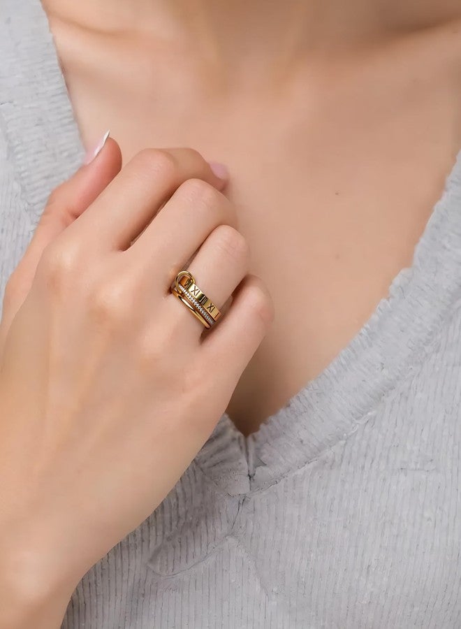 JINHUI 18k Gold Plated Rings Interlocked Stackable Rings for Women,Non Tarnish Statement Ring Set With Dainty Cubic Zirconia Stainless Steel Multi Ring Stack Charms Ring Fashion Jewelry for Women (Roman, Silver, 7) - Image 2