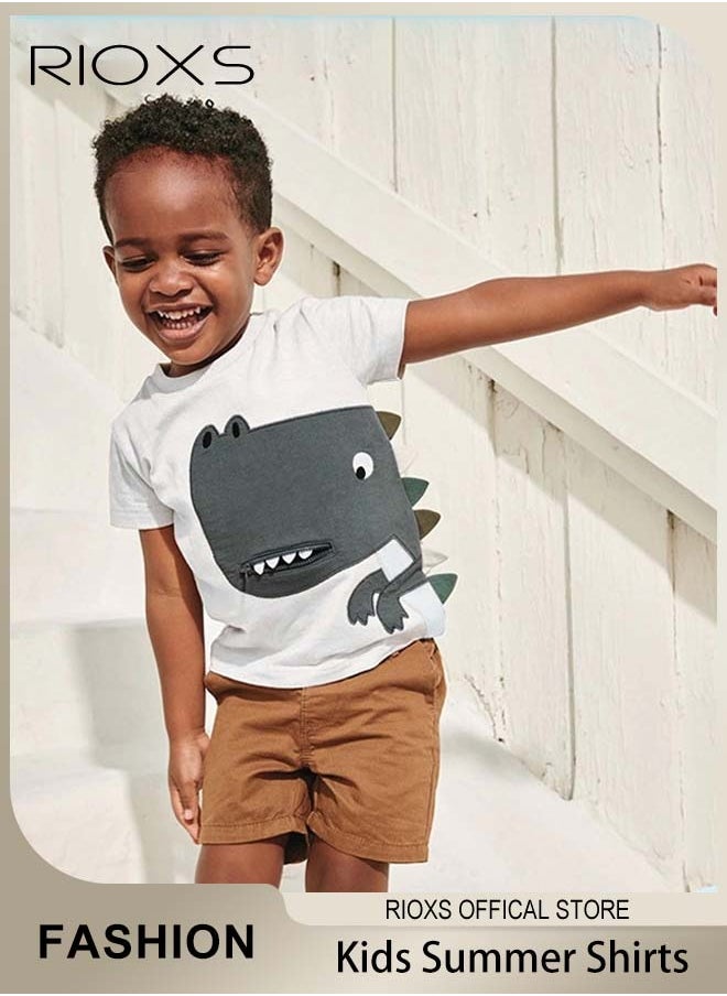 RIOXS - Toddler Boys Fashion Cartoon Graphic Dinosaur Tops, Breathable Soft 100% Cotton T-Shirt, Graphic Short Sleeve Tees, Perfect for Daily Wearing, School and other Outdoor Activities - Image 1