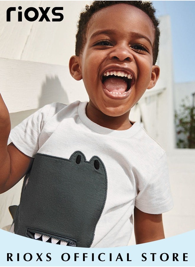 RIOXS - Toddler Boys Fashion Cartoon Graphic Dinosaur Tops, Breathable Soft 100% Cotton T-Shirt, Graphic Short Sleeve Tees, Perfect for Daily Wearing, School and other Outdoor Activities - Image 1